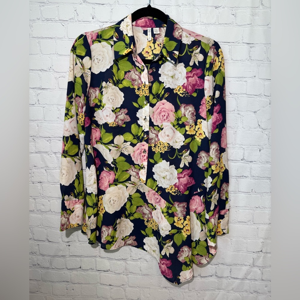 Cato size small asymmetrical black with pink & white florals blouse
